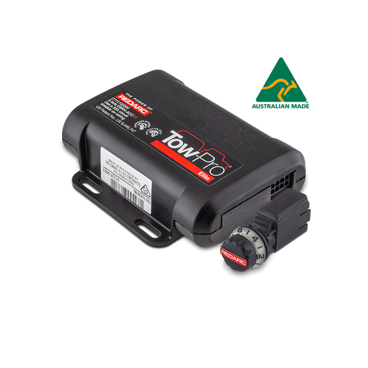 Black Redarc Tow-Pro brake controller, dial, Australian Made logo on right.