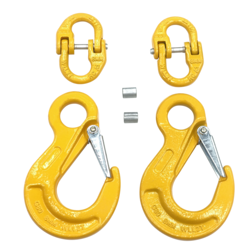 Yellow hooks and connectors set with locking mechanisms, ideal for towing.
