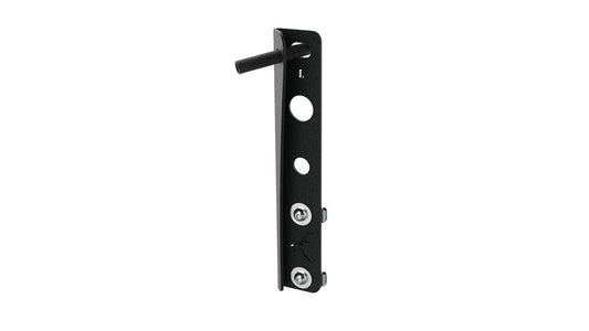 Vertical mounting bracket with pin, featuring multiple slots and holes