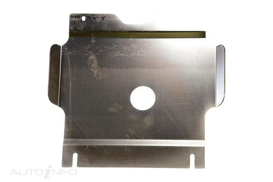 Metal skid plate with center cutout for underbody protection
