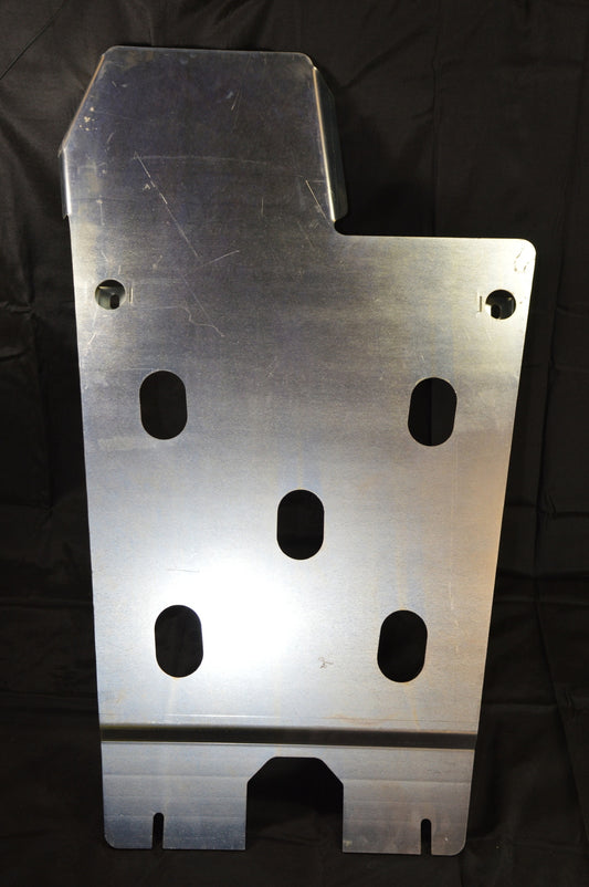 Aluminum underbody skid plate with cutouts for vehicle protection.