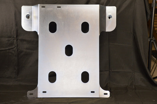 Heavy-duty metal skid plate for undercarriage protection.