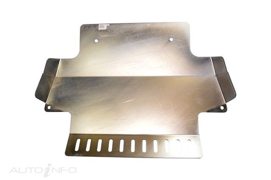 Stainless steel skid plate for vehicle undercarriage protection.