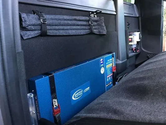 110AH Lithium Battery | Baintech installed under vehicle seat in compact slimline design for space-saving power storage.