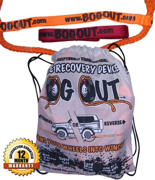 BOGOUT recovery kit with drawstring bag, straps, 12-month warranty badge.