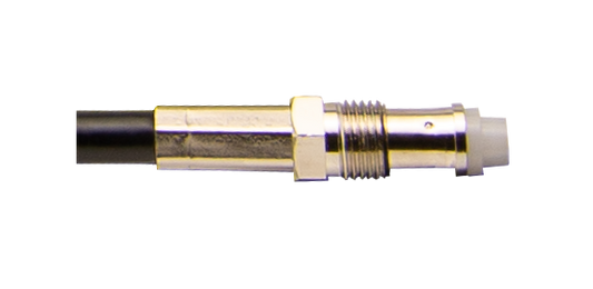 Metallic cable connector with threaded end and black wire attached.