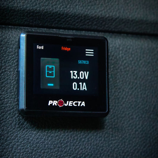 12/24V 50A DC-DC Battery Charger with MPPT Solar and IQ Screen displaying battery voltage and current for vehicle fridge.