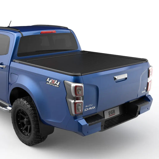 Blue Isuzu D-MAX truck with a sleek tonneau cover and rugged off-road wheels