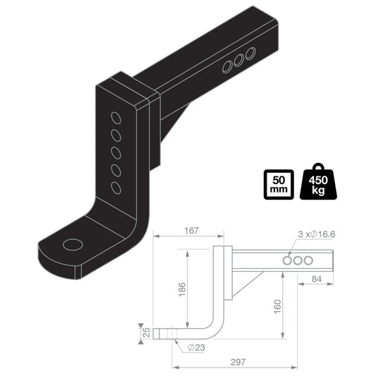 TAG Adjustable Tow Ball Mount - 297mm Long, 90° Face, 50mm Square Hitch