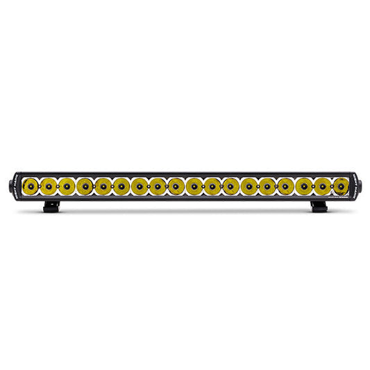 Straight light bar with yellow LEDs in a row, mounted on two black brackets.