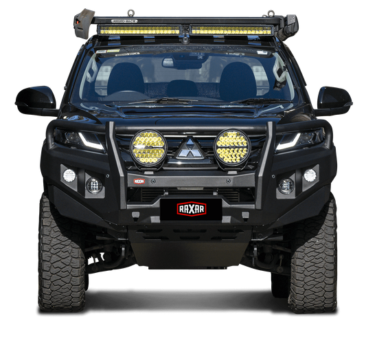 Black off-road vehicle with LED light bar and dual spotlights on a custom bumper