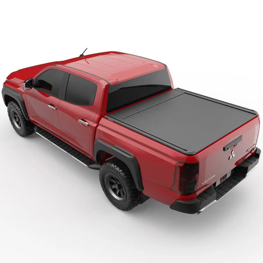 Red truck with a sleek black tonneau cover on the truck bed