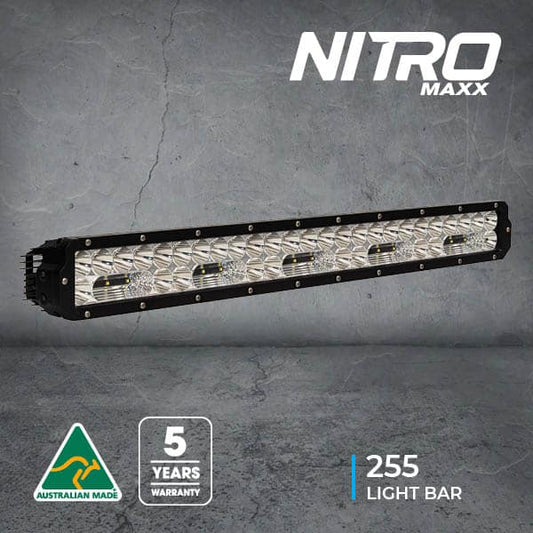 White Nitro Maxx 255 light bar, black frame, 5-year warranty, Australian Made.