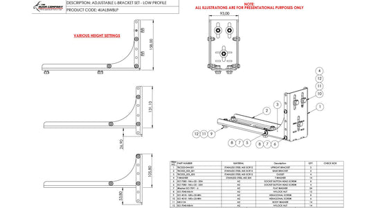 Adjustable L-bracket diagram, height settings, dimensions, parts list.
