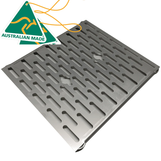 Stainless steel slotted plate with Australian Made certification tag.