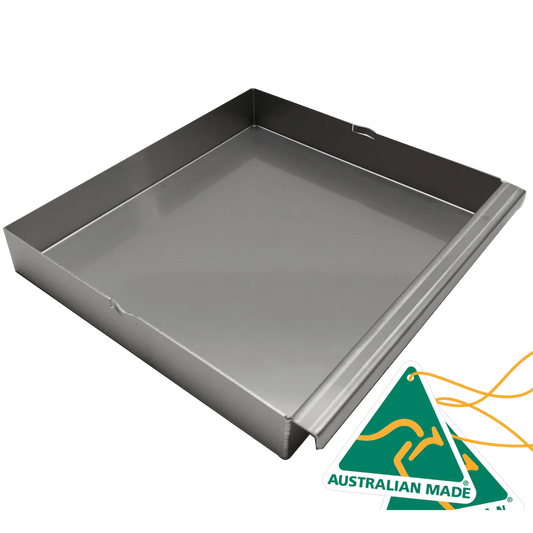 Shallow square aluminum tray with raised edges, labeled Australian Made