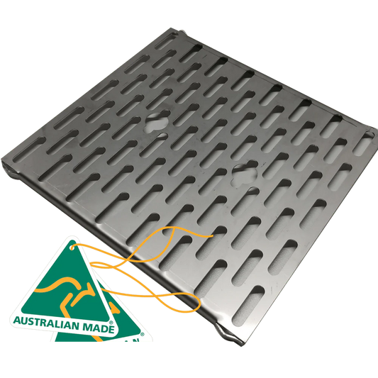 Stainless steel grate labeled "Australian Made."