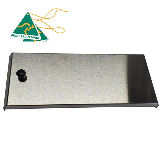 Stainless steel camping tray labeled "Australian Made."