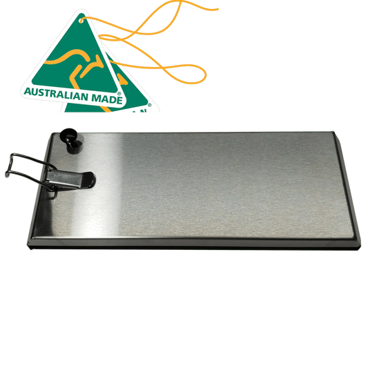 Stainless steel camping tray with an "Australian Made" logo.