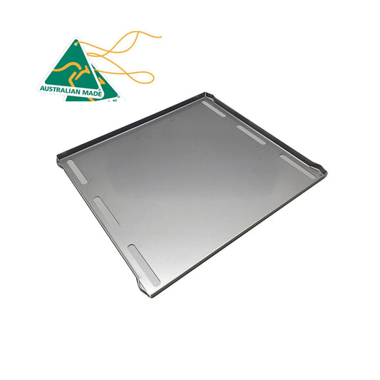 Stainless steel tray with Australian Made logo for outdoor cooking.