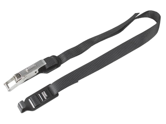 Black strap with a metallic latch and branding for heavy-duty use.