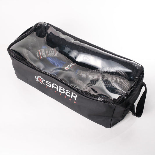 12K Heavy Duty Kinetic Recovery Kit | SaberPro® in black carrying case with kinetic rope and soft shackles visible inside bag.