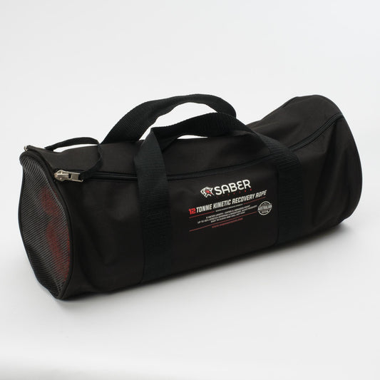 12,500KG Heavy Duty Kinetic Recovery Rope | SaberPro® carrying bag in black with handles and mesh sides.