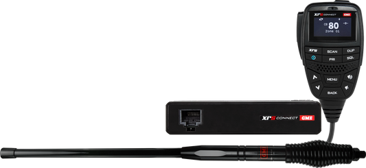 CB radio and mic connected to base, screen showing channel, long black antenna.