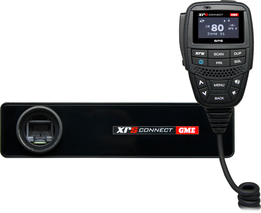 GME XRS Connect radio device with handheld mic, LCD display, control buttons.