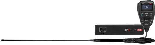 Two-way radio system with microphone, control unit, long flexible antenna.