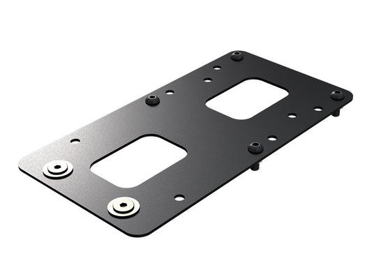 Black metal mounting bracket, two rectangular cutouts, multiple screw holes.