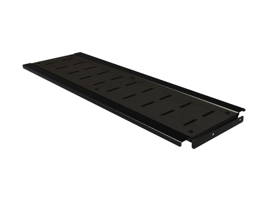 Black metal tray with ventilated slots and raised edges on both sides.