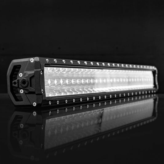 Rectangular LED light bar with black housing, multiple bulbs, black background.