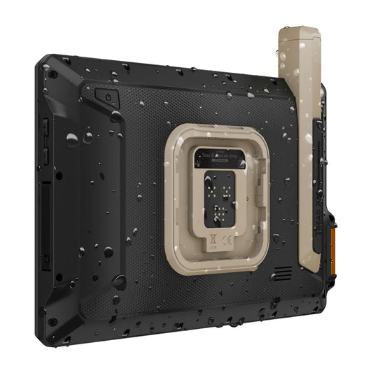 Rugged waterproof tablet with rear docking system, ideal for fieldwork.