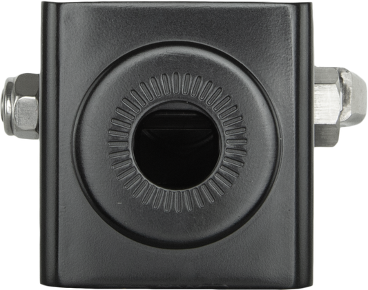 Black connector block with a circular opening and metal bolt mounts.