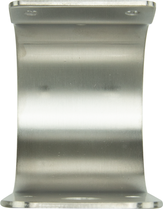 Metallic mounting bracket with a curved design.