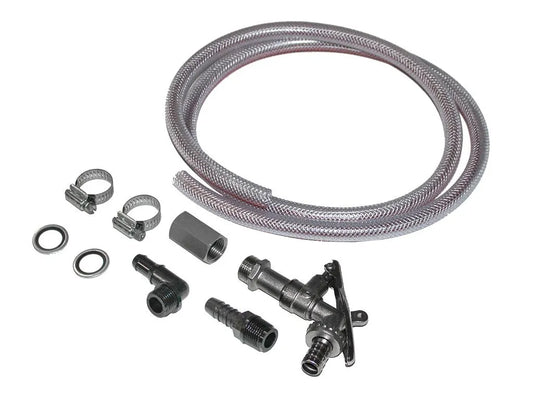 Flexible braided water hose kit with connectors and clamps.