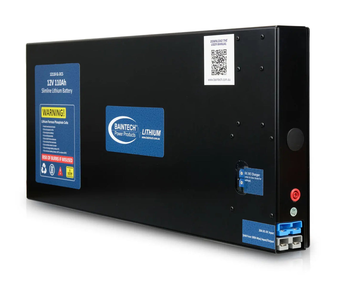 Black 12V 110Ah Slimline Lithium battery with blue-yellow labels, QR code.