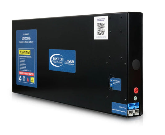 Black 12V 110Ah Slimline Lithium battery with blue-yellow labels, QR code. 1500