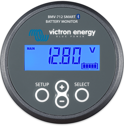 Victron Energy battery monitor showing 12.80V, buttons for setup and selection.