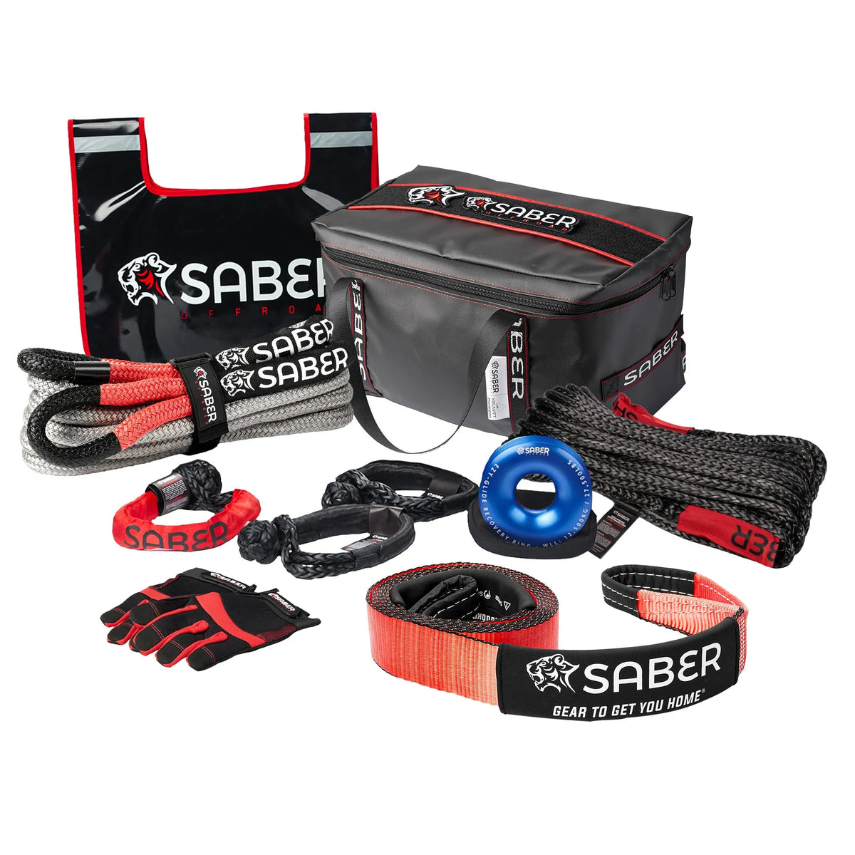 Black and red recovery gear kit by Saber Pro, ropes, shackles, gloves, and bag.