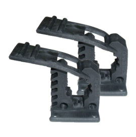 Two black plastic clamp tools with serrated grips and base plates.