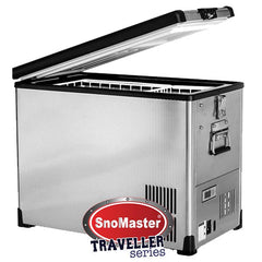 SnoMaster Traveller refrigerator with open lid showing storage compartment.