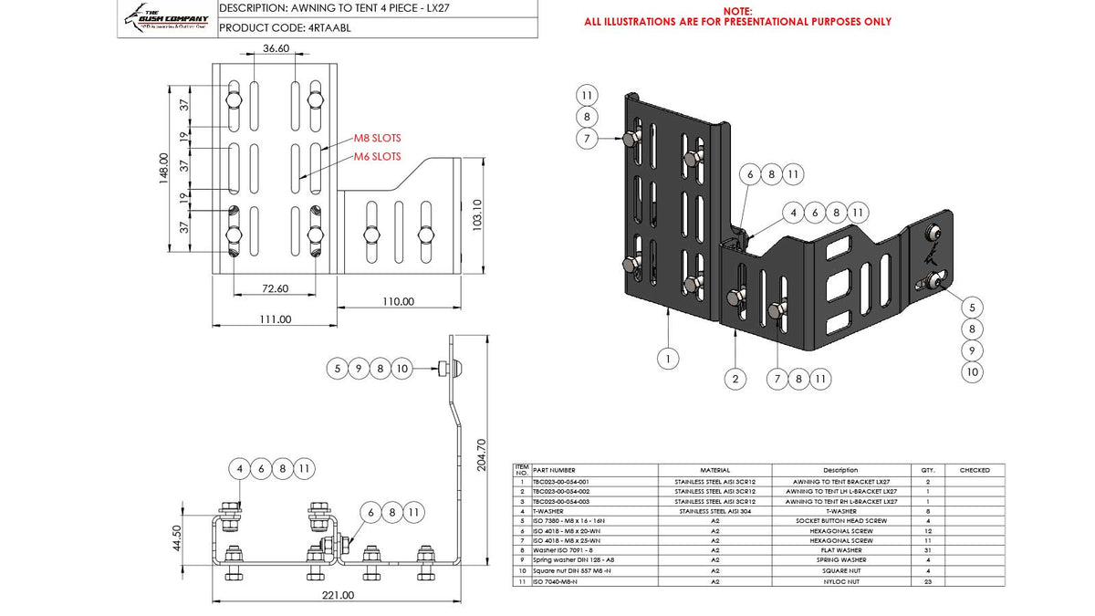 Mounting bracket technical drawing and 3D model, dimensions, parts list, assembly.