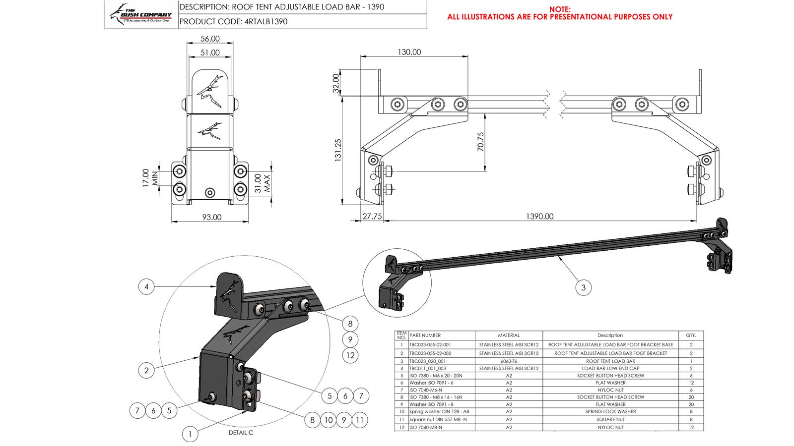 Roof tent load bar technical drawing, model 13190, dimensions, assembly parts.