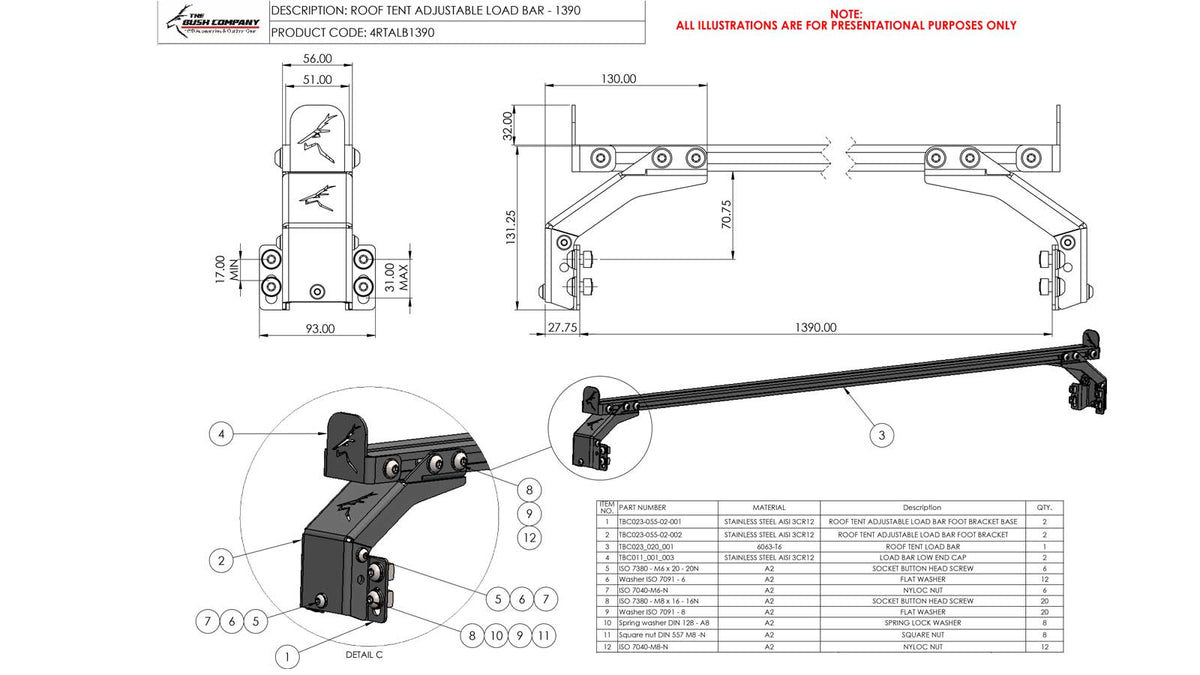 Roof tent load bar technical drawing, model 13190, dimensions, assembly parts.