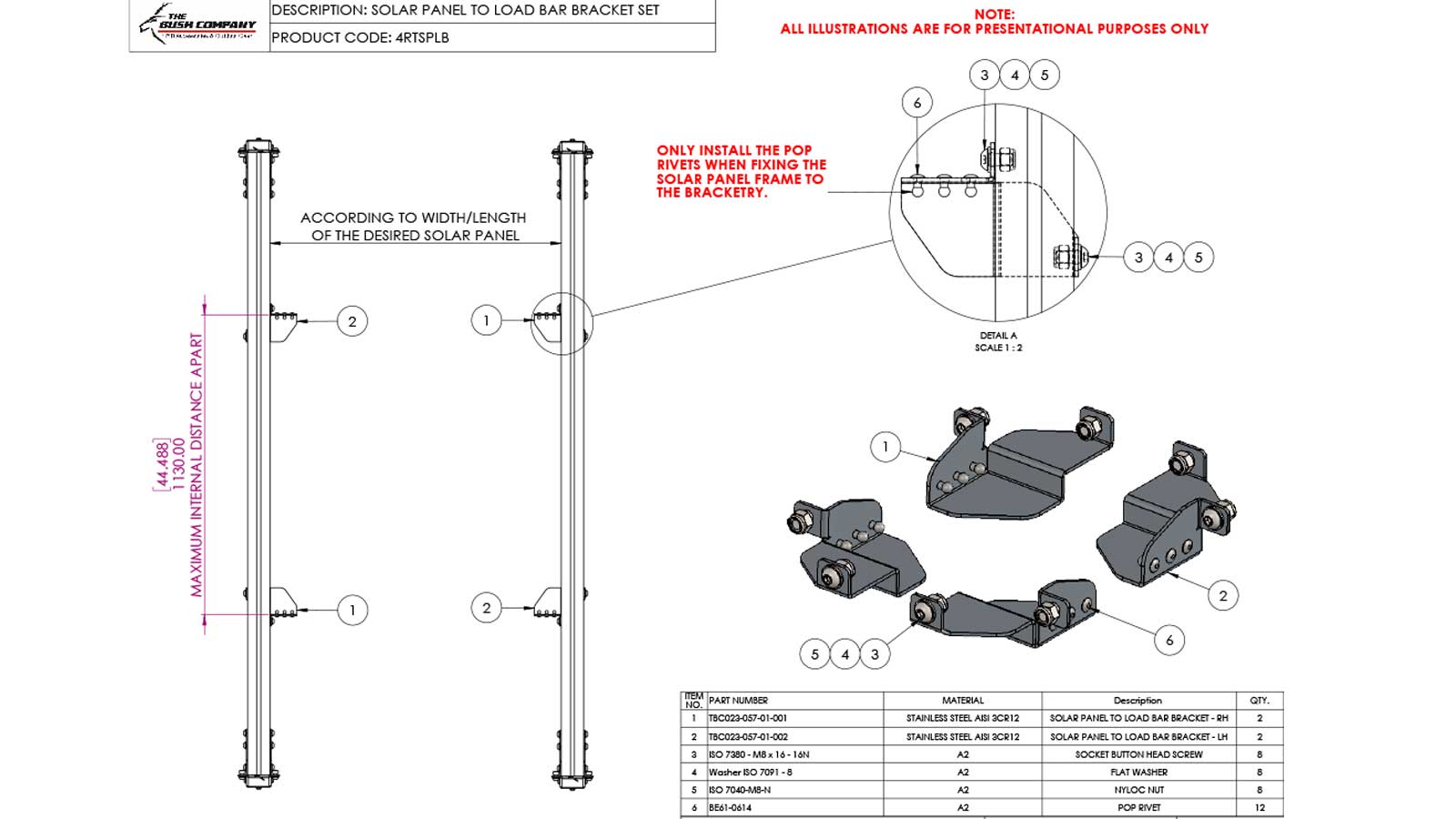 Technical diagram of solar panel bracket assembly, parts labeled, measurements.