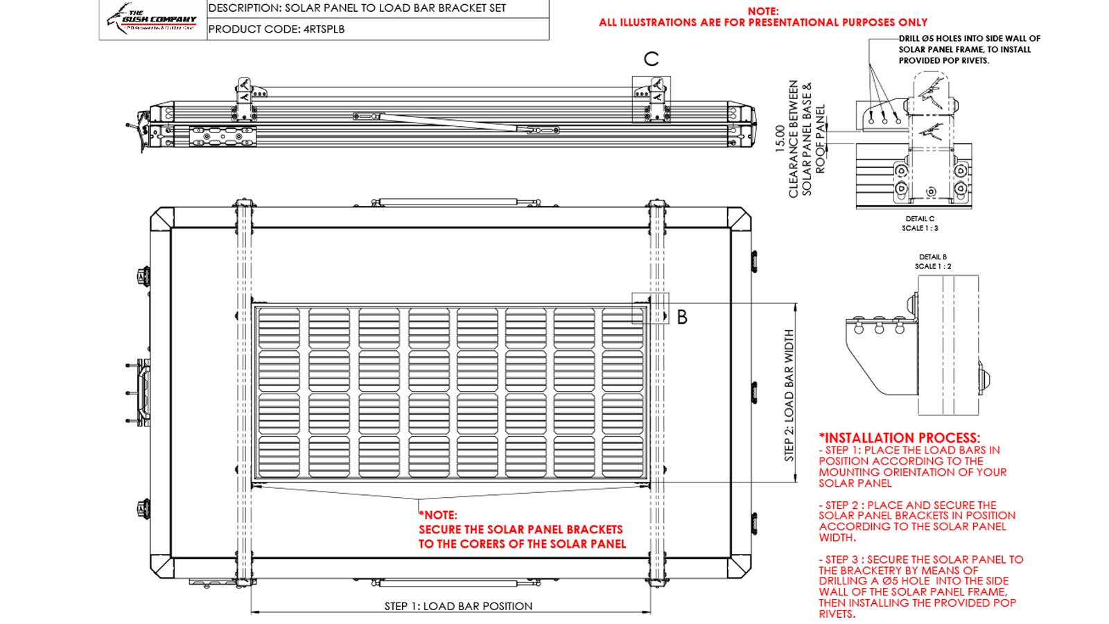 Technical diagram of solar panel bracket assembly, parts labeled, measurements.