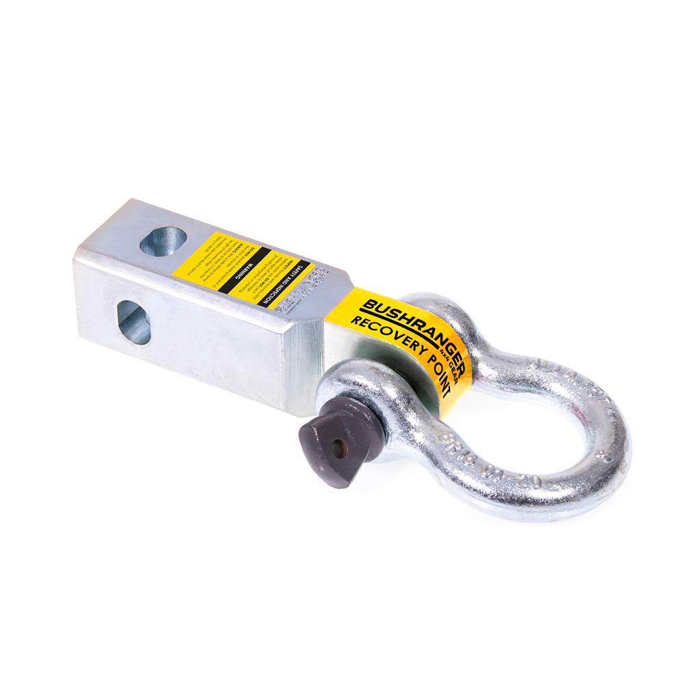 Recovery hitch with yellow "Bushranger Recovery Point" label attached to shackle.