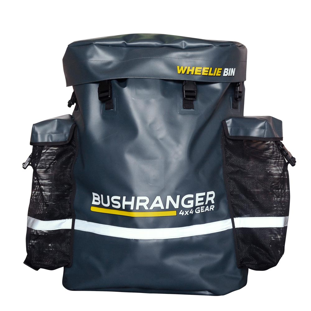 Gray Bushranger 4x4 Gear Wheelie Bin with side pockets and reflective striping.